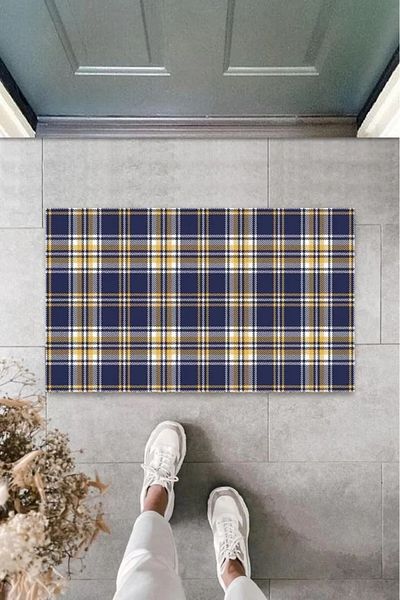 Yarımada Bahçe Decorative Digital Gingham Navy Blue Door Mat Outdoor Door Mat K-3063