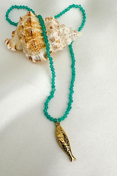 Modex Steel Turquoise Bead Row Gold Color Fish Necklace (40cm)