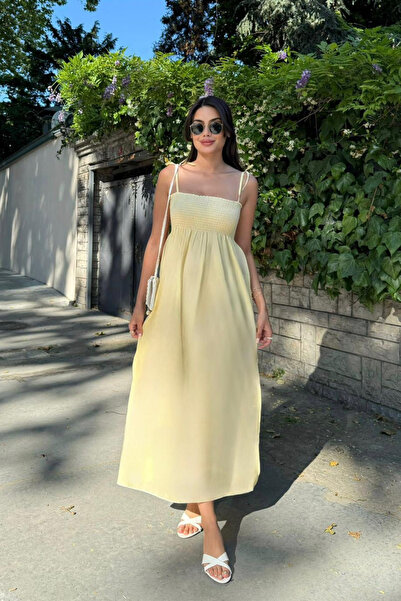 oshebu Sarı – Pamuklu Uzun Yazlık Kadın Elbise – Omuzdan Bağlamalı Askılı Büzgülü Astarsız