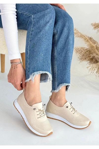 Saks Gardrop Orthopedic Sole Daily Soft Comfortable Women's Beige Skin Drawstring Laser Ballerina Shoes