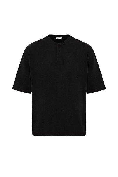 VAMOSCLO Βασικό μπλουζάκι με oversized κουμπιά με γιακά μαύρο