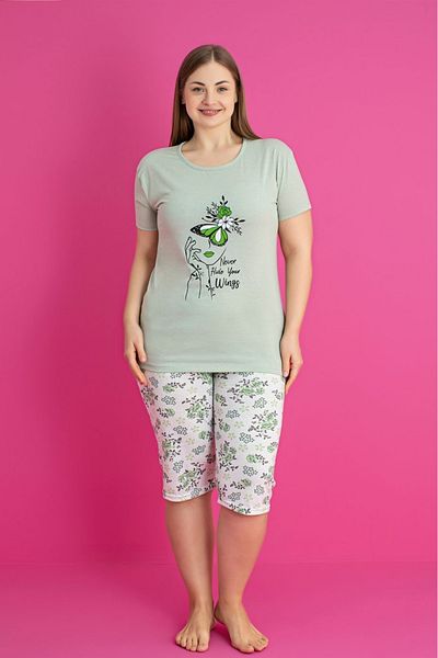Farya Home Plus Size Cotton Patterned Short Sleeve Bermuda Capri Suit