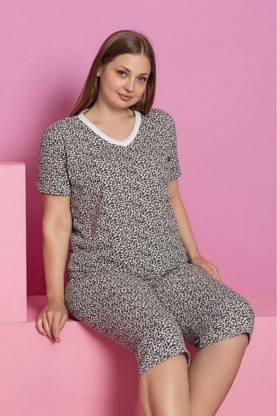 Farya Home Plus Size Cotton Patterned Short Sleeve Bermuda Capri Suit