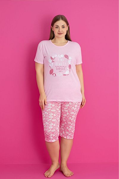 Farya Home Plus Size Cotton Patterned Short Sleeve Bermuda Capri Suit