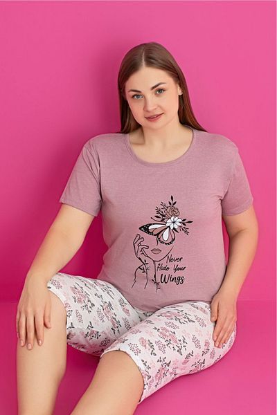 Farya Home Plus Size Cotton Patterned Short Sleeve Bermuda Capri Suit