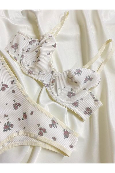 Fleur de Lingerie Miniş Ecru Flower Patterned Underwire Cotton Combed Bra Set (Bra Kilot)