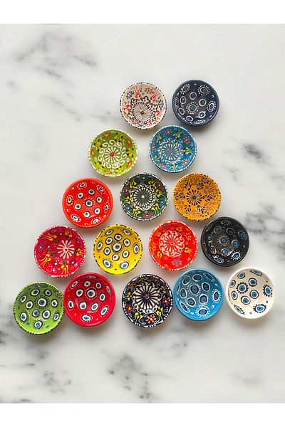Artistic Quality Decorative Tulip Evil Eye Bead Embroidered Tile Ceramic Sauce Bowl - Snack Bowl - Breakfast Bowl 16 Pieces
