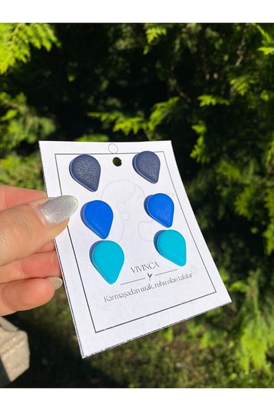 VIVINCA Handmade Polymer Clay Colorful Vibrant Lightweight Earrings - Trio of Blue