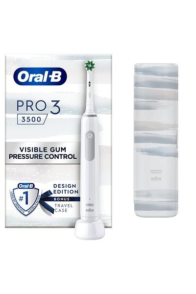 Oral-B Periuță de dinți electrică Pro 3 3500, curățare 3D, 3 programe, 1 încărcător, 1 cap de periuță, kit de călătorie, albă