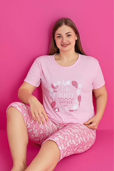Farya Home Plus Size Cotton Patterned Short Sleeve Bermuda Capri Suit