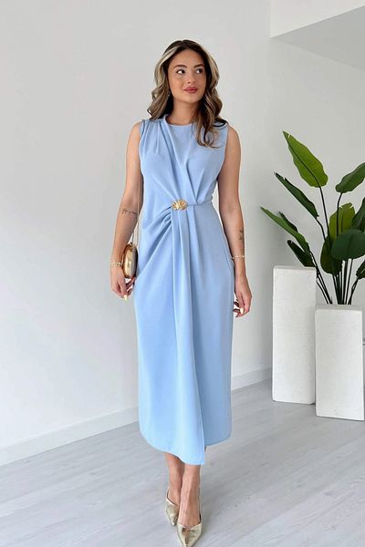 Aventien Blue Midi Dress with Brooch Detail and Gathered Slit