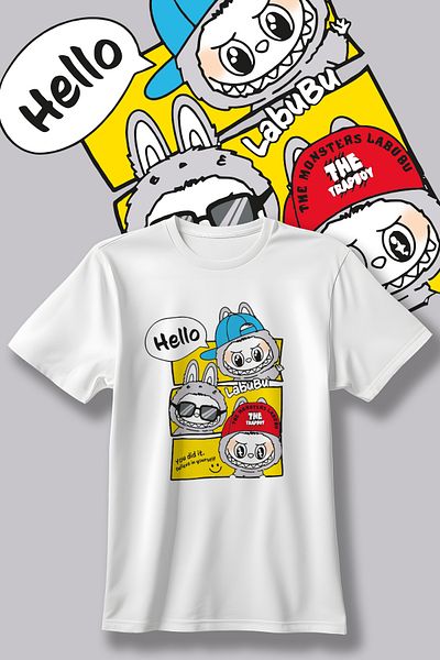 Store Labubu Pattern Printed Children's Black and White Tshirt