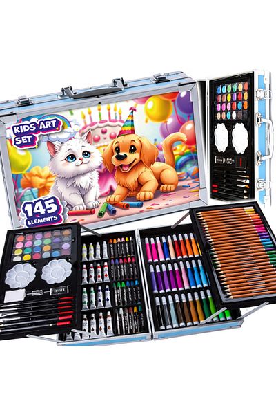 NewEvo Set de pictură și desen pentru copii, 145 de piese, creioane colorate, creioane cerate, markere