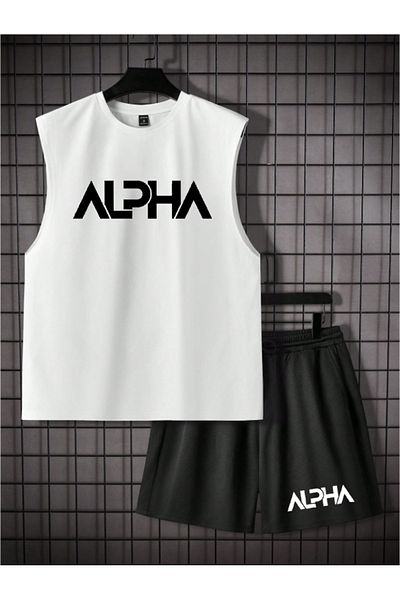 COHERENT Men's Colorful Alpha Custom Printed 0 Sleeve T-Shirt and Shorts Bottom Top Set 2-Piece Combination