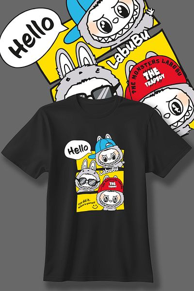 Store Labubu Pattern Printed Children's Black and White Tshirt