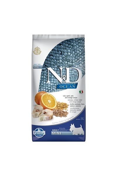 N&D Hrană uscată pentru câini N&D Ocean Adult Mini cu cod, speltă, ovăz și portocale, 7 kg