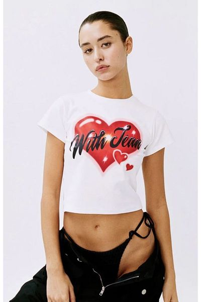 MAYDAY CULTURE White baby tee top waist length crop t-shirt Stretch Fabric dtf Printed
