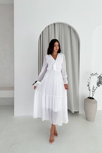 Neşeli Butik γυναικείο λευκό φόρεμα σιφόν με φλοράλ επένδυση NBK4241