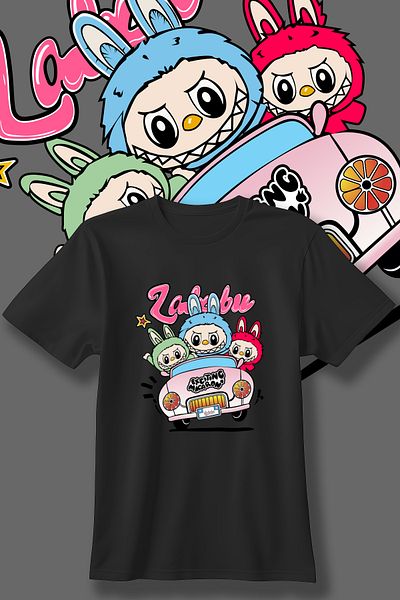 Store Labubu Pattern Printed Children's Black and White Tshirt