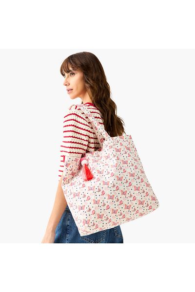 Lifestyle Butterfly Print Tote Bag with Double Handles and Tassel Detail