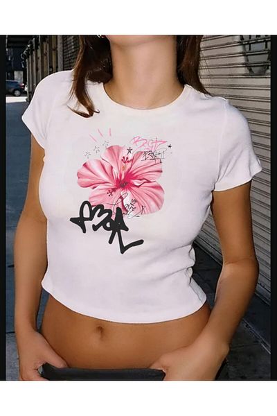 MAYDAY CULTURE White Baby Tee Top Waist Boy Crop T-Shirt Lycra Dtf Printed