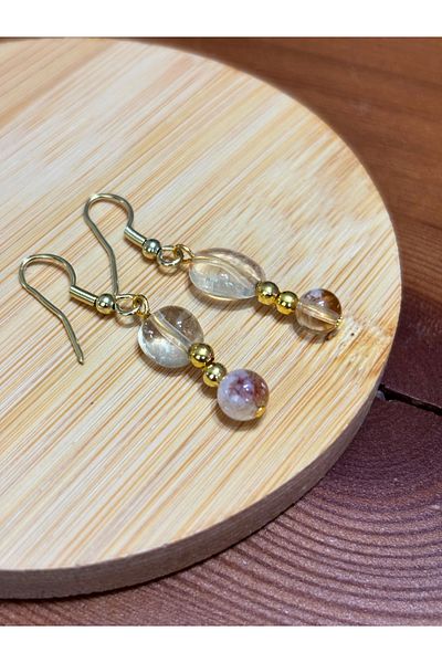 ayrestyle Natural Stone Dangle Women's Earrings – Citrine Natural Oval – Gold Hook 4.5 cm