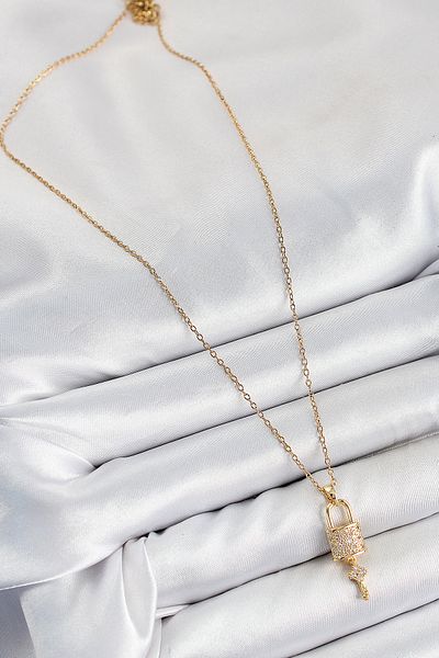 norsary 316L Steel Zircon Stone Lock and Dangle Key Model Gold Color Women's Necklace