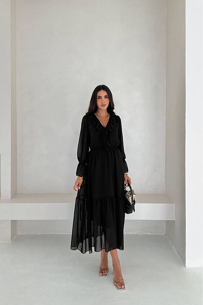 Neşeli Butik Black Flounced Lining Chiffon Dress Nbk4241