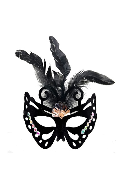 Skygo Siyah Renk Siyah Süet Kaplama Tüylü Kelebek Figür Parti Maskesi 24x18 cm