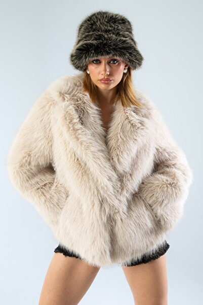 Butic Kadın Açık Bej Yapay Kürk Mont Klasik Yaka