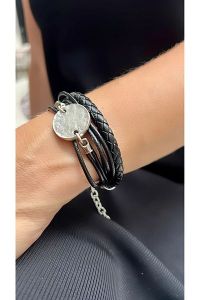 Kutcha Accessories Black Multi-Layered Leather Look Bracelet – Handmade Design with Metal Circle Detail