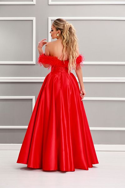 Atmosphere Fashion Red taffeta dress with feather appliqués
