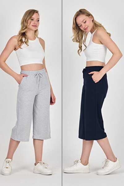 COMEOR Yüksek Bel Cepli Rahat Kesim Mevsimlik Kadın Diz Altı 2'li Bermuda Siyah-Antrasit Kapri Şort