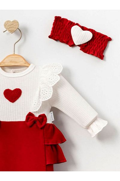 cayzen Luvvera Red Heart Bow Baby Girl Romper Set - Long Sleeve with Bandana