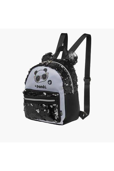 Icon Panda Print Sequinned Backpack with Adjustable Straps - 27x23x11 cms