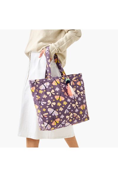 Lifestyle Butterfly Print Tote Bag with Double Handles and Tassel Detail