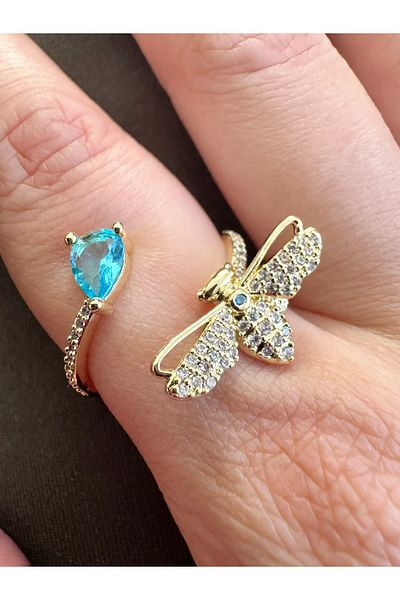 Gümüş sandık Colorful Stone Bee Themed Adjustable Ring
