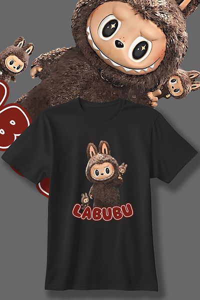 Store Labubu Pattern Printed Children's Black and White Tshirt