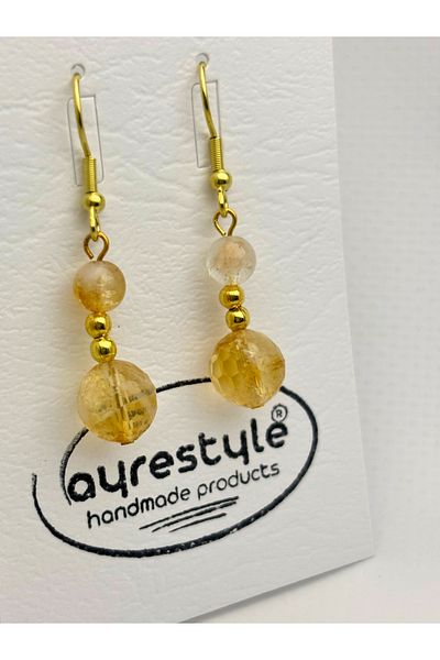ayrestyle Natural Stone Dangle Women's Earrings – Citrine Faceted Cut – Gold Hook 4.5 cm