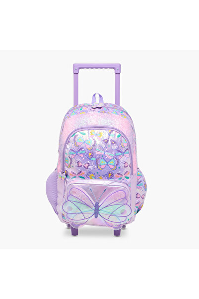 Lifestyle حقيبة ظهر بعجلات بطبعة فراشات، مقاس 16.5 بوصة، بمقبض قابل للسحب وسحاب للإغلاق - 42×31×14 سم