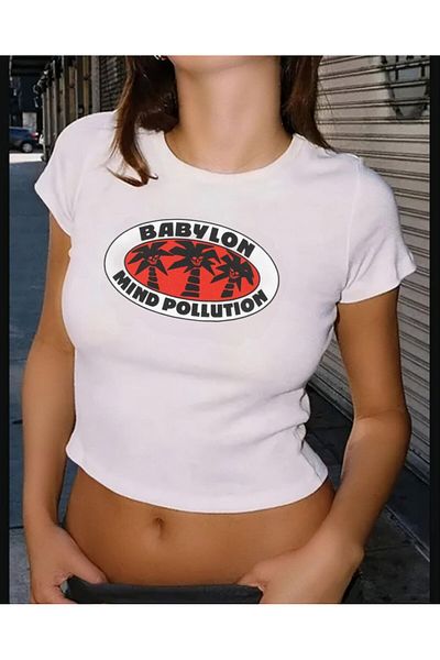 MAYDAY CULTURE White Baby Tee Top Waist Boy Crop T-Shirt Lycra Dtf Printed