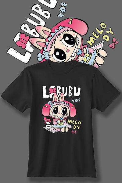 Store Labubu Pattern Printed Children's Black and White Tshirt