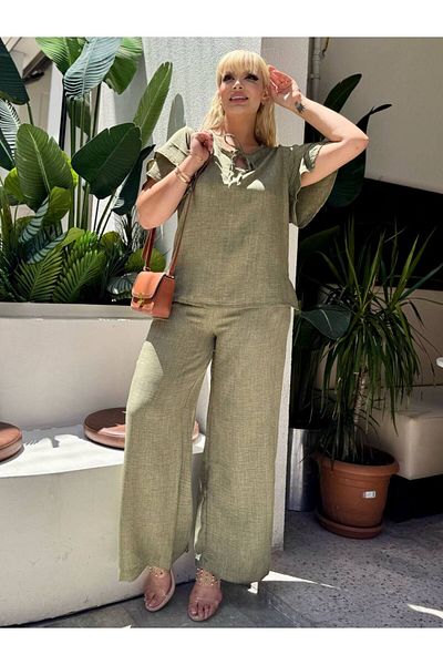 MODA Women's Plus Size Lace-Up Drop Collar Flywheel Sleeve Detailed Sofia Linen Suit