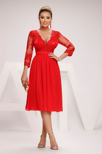 Atmosphere Fashion Red midi dress with lace at the bust
