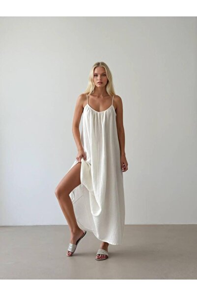 VAZIRADK Müslin Askılı Beyaz Yazlık Elbise