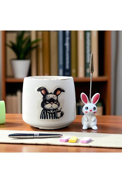 Perazayn Decorative Cute Rabbit Printed Pen Holder and Rabbit Notepad Set