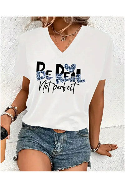 FUFLUNS V-Neck Oversize Be Real Printed T-Shirt