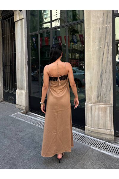 Friday Mood Kadın Kahverengi Dantel Detaylı Askılı Elbise
