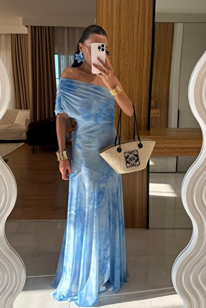 manana fashion Tek Omuzlu Mavi Desenli Drapeli Uzun Elbise