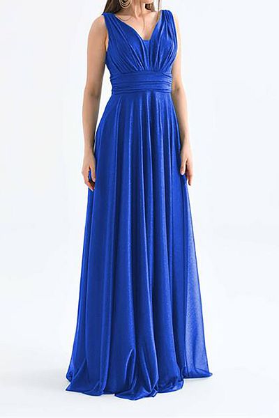Neşeli Butik γυναικείο μπλε βραδινό φόρεμα με λαιμόκοψη από τούλι NBS9223